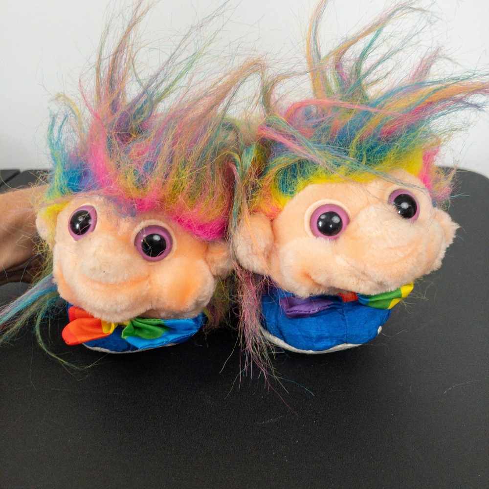 VTG Trolio Trolls Slippers Toddler Age 3Y+ Blue 90s‎ Rainbow Hair Bow Tie